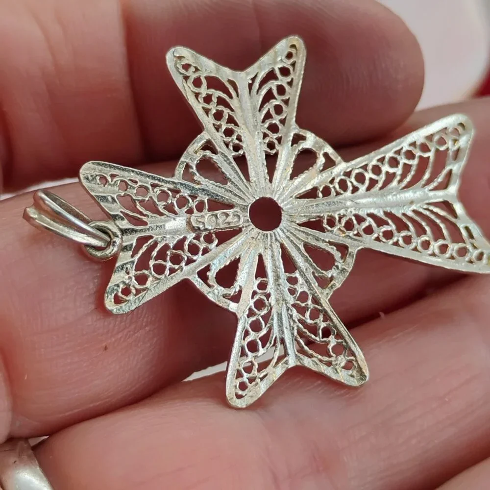 Filigree Sterling Silver Maltese Cross Pendant 1 5/8" Long Handmade - Picture 5 of 6